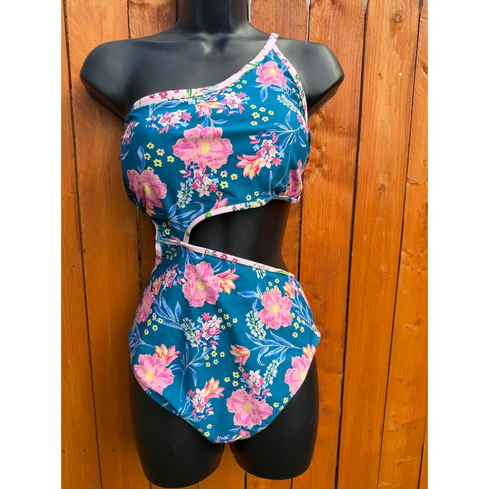 Adore Me Teal Floral One Shoulder Cutout One Piece Swimsuit ADM103 Large
